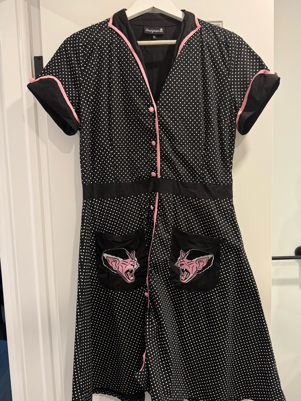 Sourpuss Black Polka Dot Dress with Pink Trim and Bat Pockets